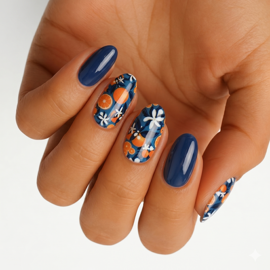 Navy blue glossy nail wraps with citrus orange and white flower print accent nails.