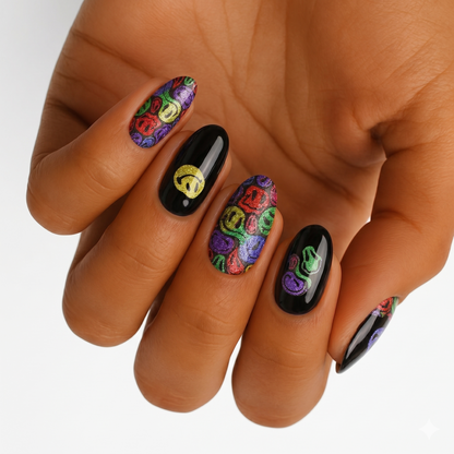 Black gloss nail wraps with multicoloured glittery smiley face print on accent nails