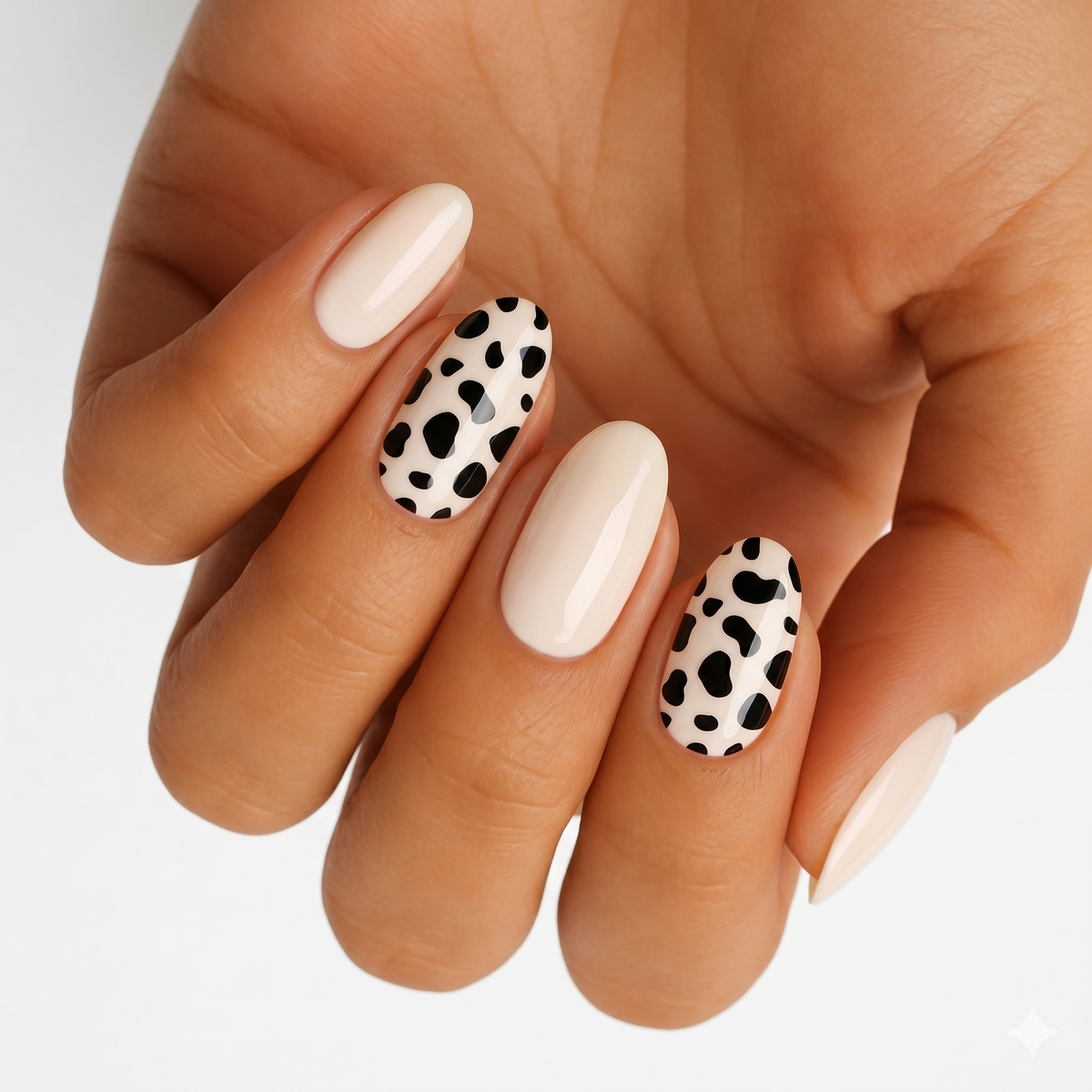 Glossy cream nail wraps with black and white cow print accent nails