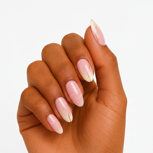Sheer pink semi-cured gel wraps with white French tips, gold swirl line and fine speckles