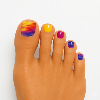 Toe nail wraps in sunset ombre streaks with solid yellow, magenta, and blue accents, glossy finish.
