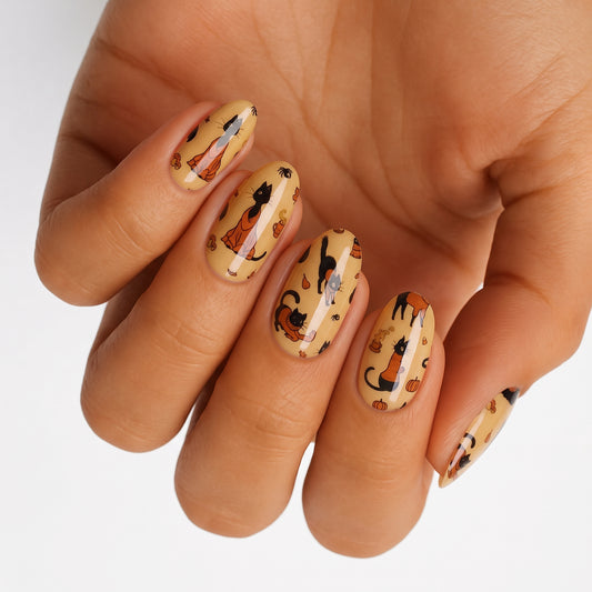 Tan glossy nail wraps with black cat and pumpkin illustrations, autumn design