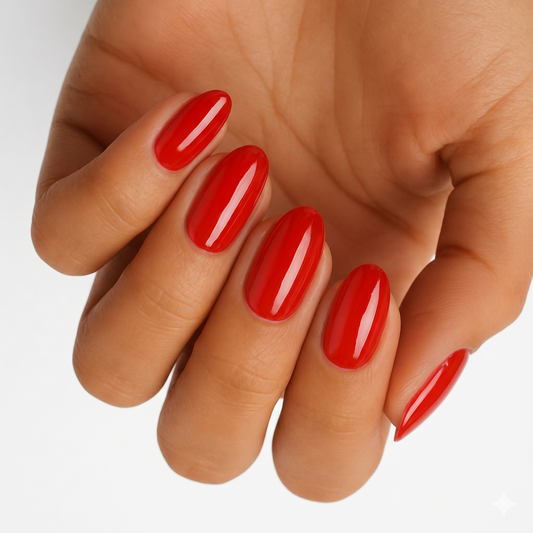 Glossy classic red nail wraps in a solid high-shine finish on almond nails