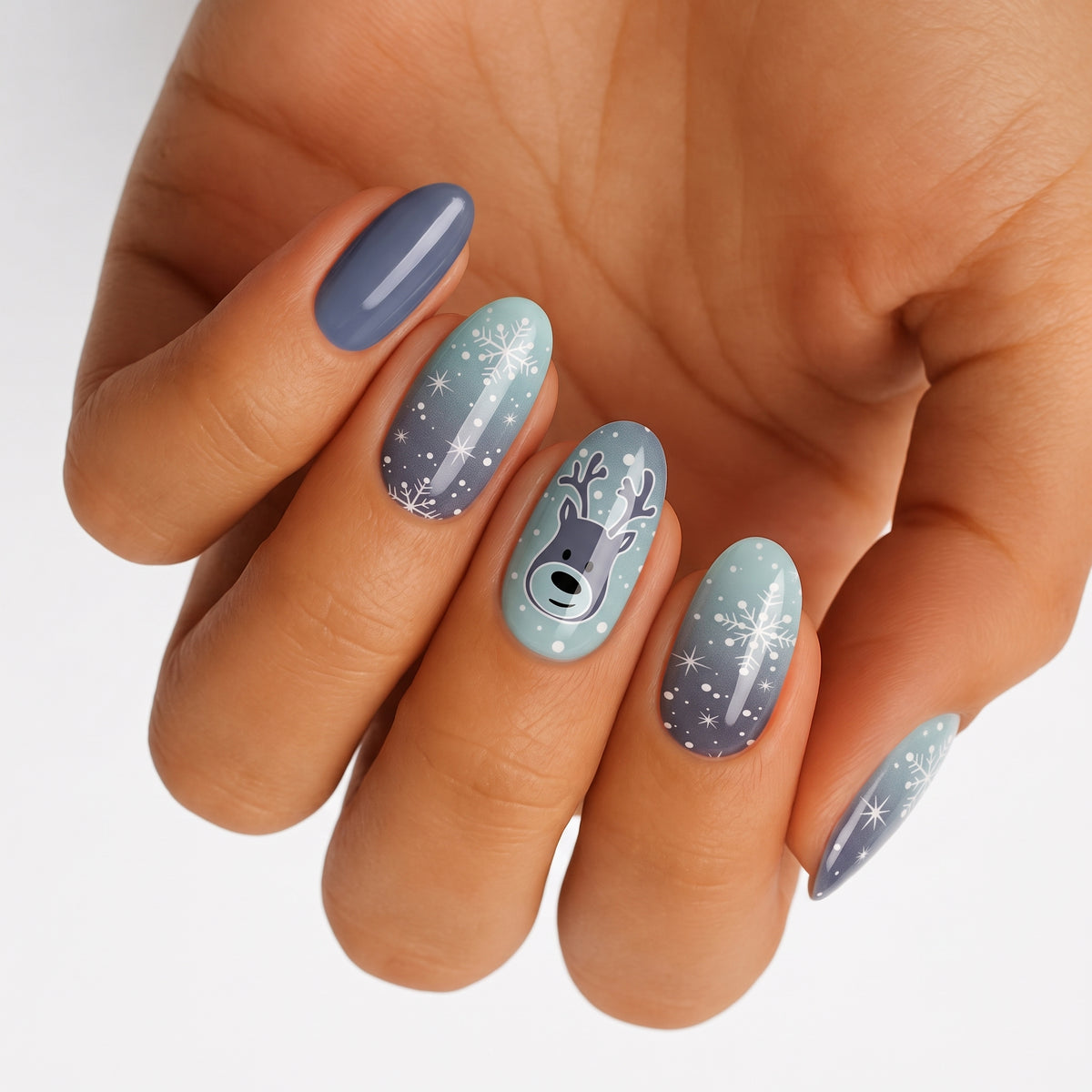 Holy Classics nail wraps, blue-grey ombré with snowflakes, stars and reindeer design