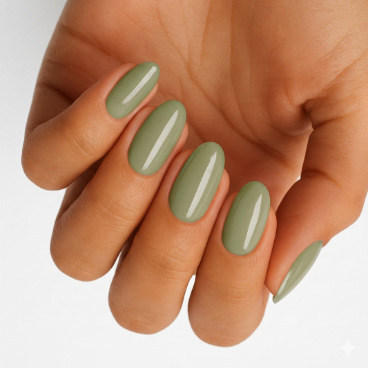 Sage green glossy nail wraps on oval-shaped nails, solid matte-free colour finish.