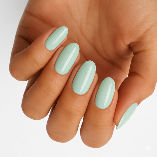 Sage green glossy nail wraps, solid colour on oval-shaped nails