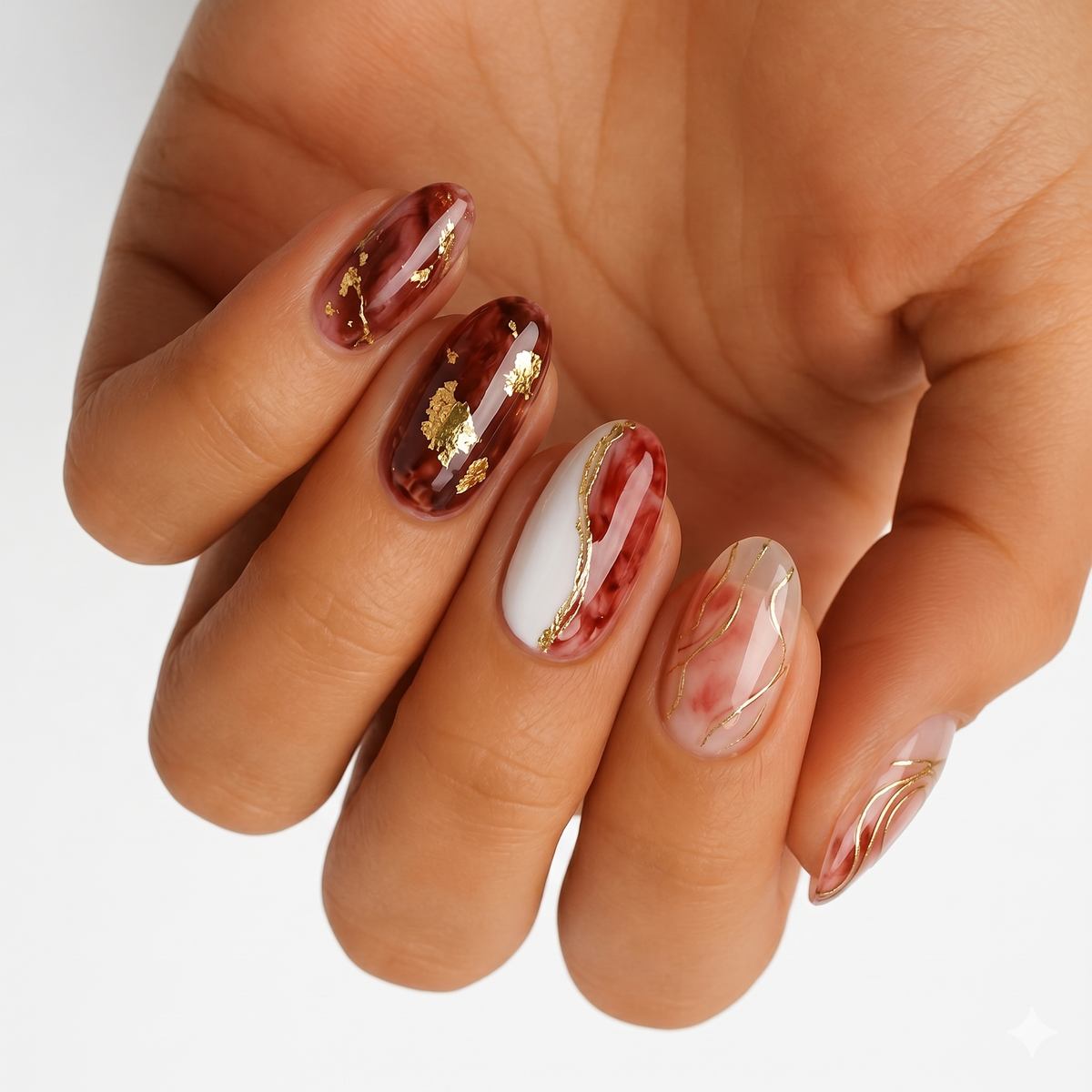 Burgundy marble nail wraps with gold foil veining and white accent nail