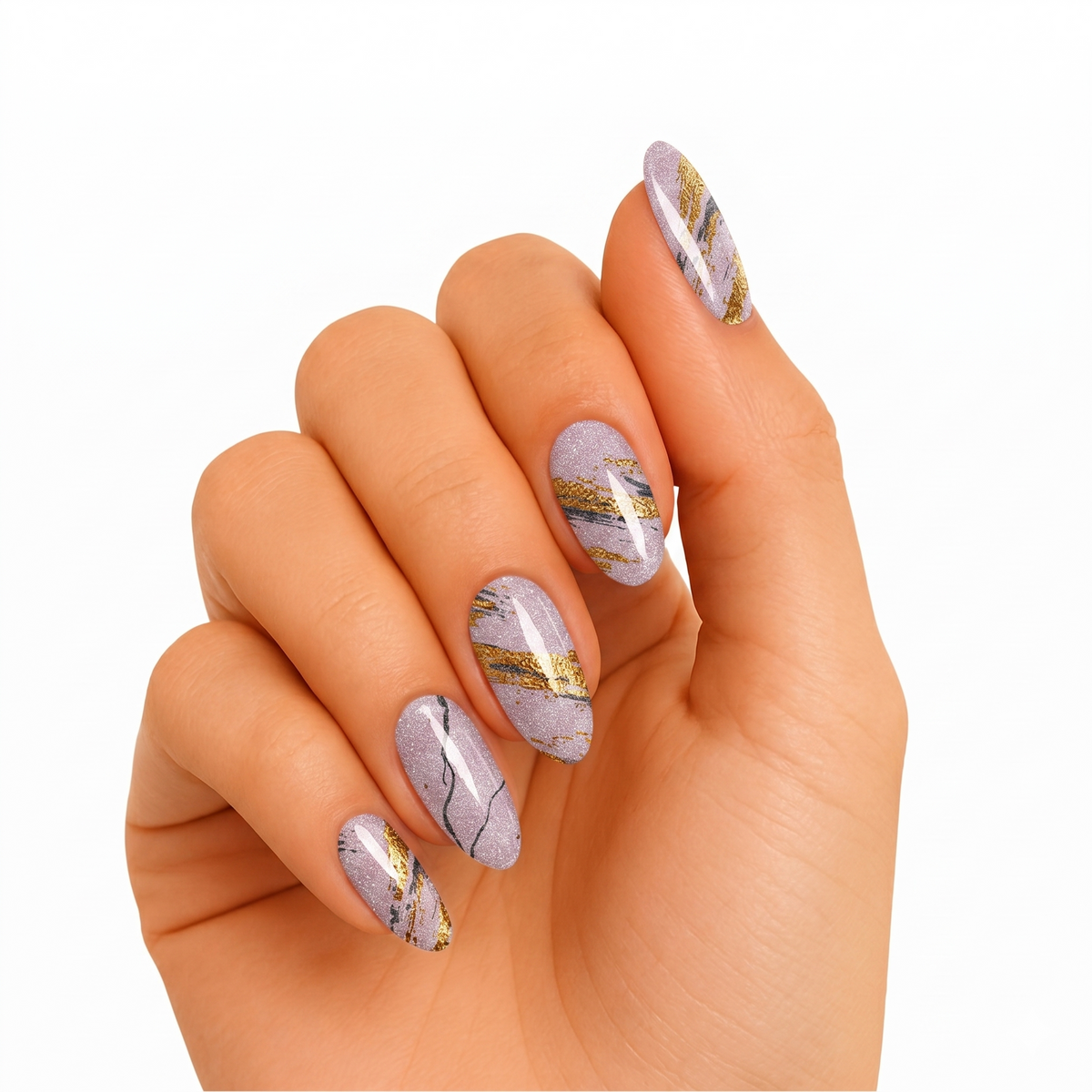 Lilac shimmer semi-cured gel nail wraps with gold foil and grey marble streaks