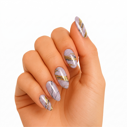 Lilac shimmer semi-cured gel nail wraps with gold foil and grey marble streaks
