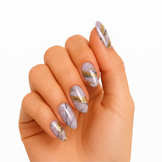 Lilac shimmer semi-cured gel nail wraps with gold foil and grey marble streaks