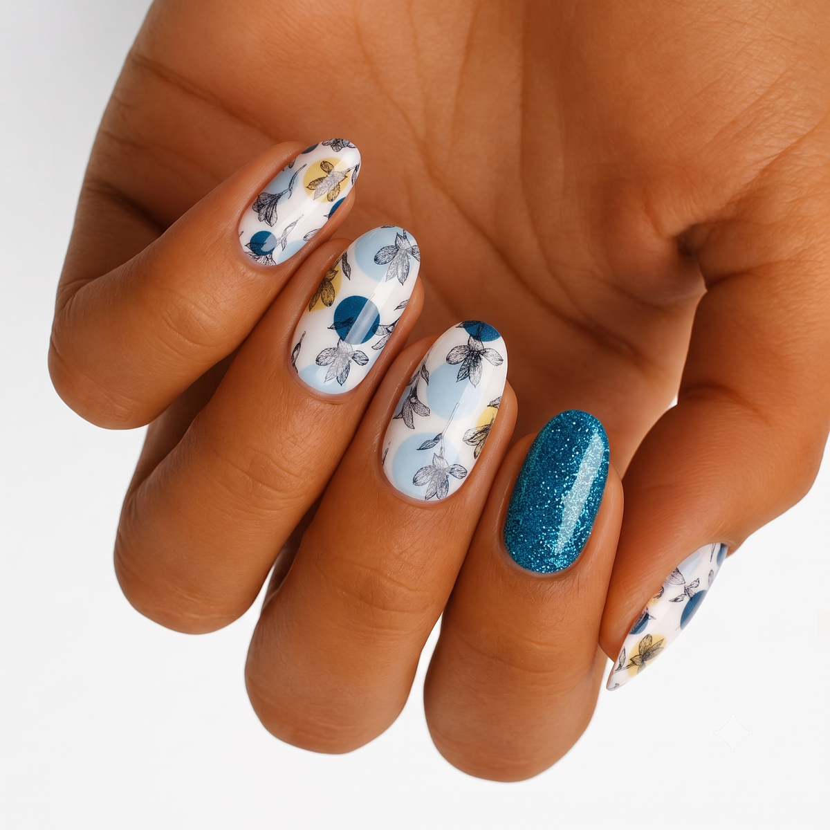 Nail wraps with blue floral line-art, teal circles, and teal glitter accent nail