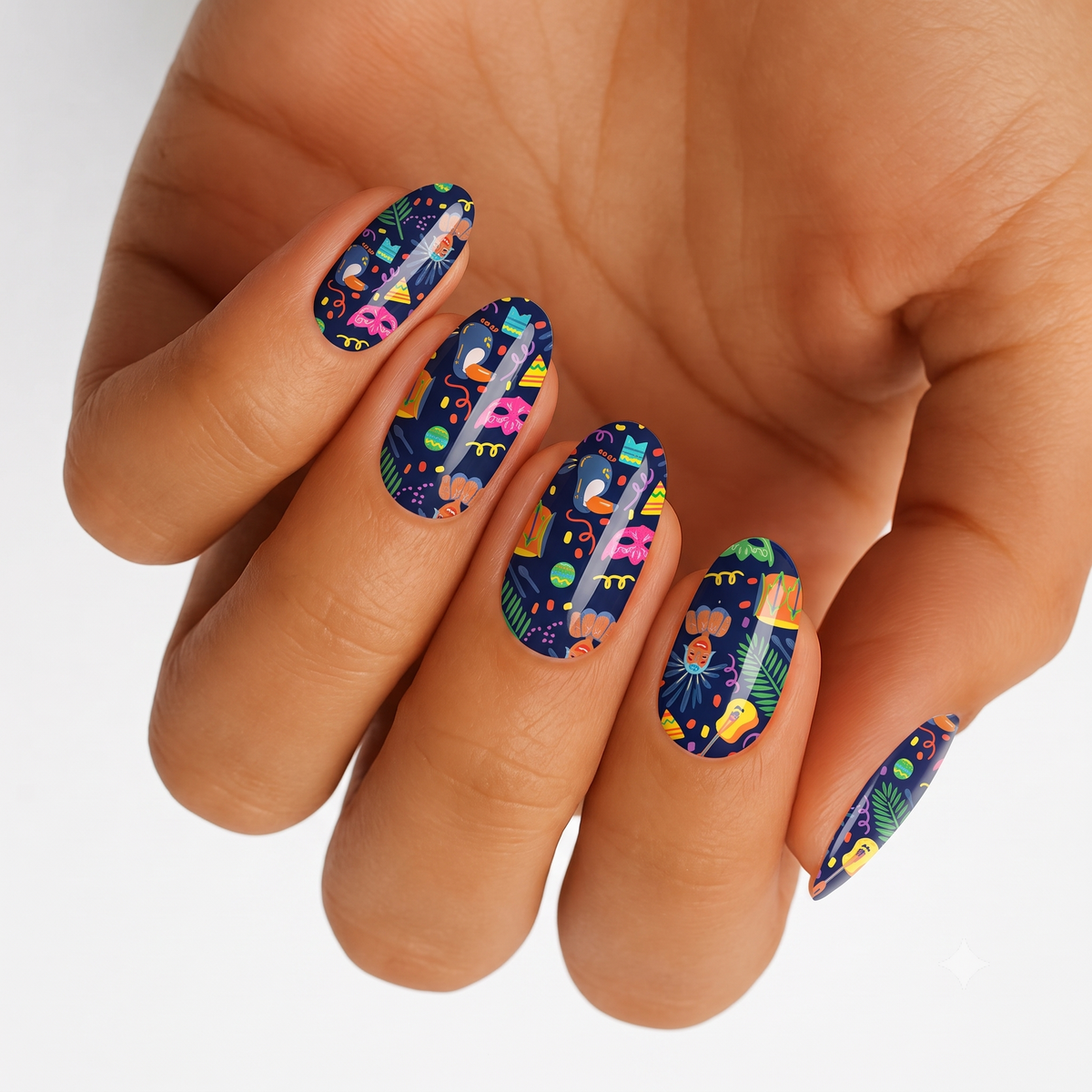 Navy nail wraps with colourful carnival motifs: masks, feathers, confetti and streamers