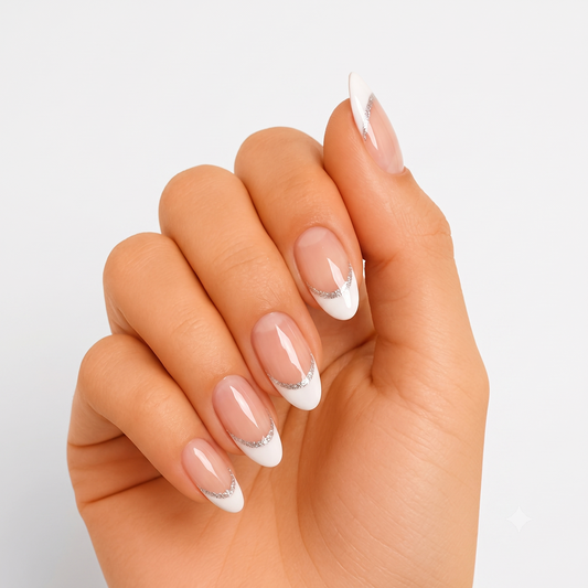 Glossy white French tip semi-cured gel wraps with silver glitter line on sheer nude nails