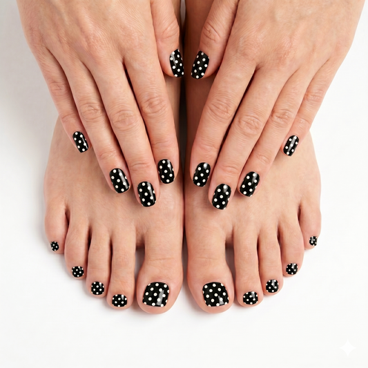 Glossy black nail wraps with white polka dot pattern, matching set for fingers and toes