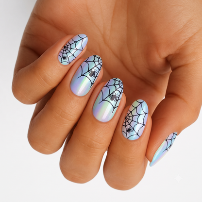 Iridescent pearl nail wraps with black spiderweb and spider Halloween design