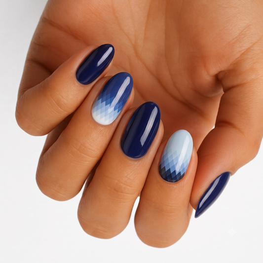 Glossy navy blue nail wraps with diamond ombré accent nails fading to white.