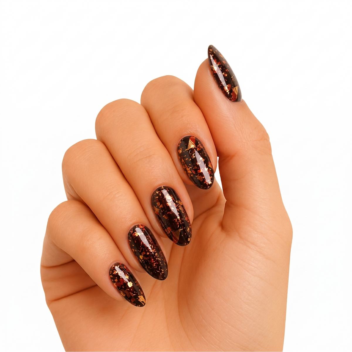 Cinnamon Charm semi-cured gel nail wraps, black base with copper and gold foil flakes