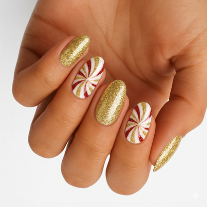 Gold glitter nail wraps with red-gold peppermint swirl accent nails on white