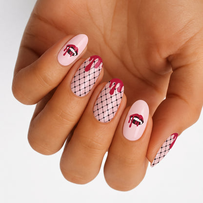 Pink nail wraps with fishnet pattern, dripping blood lips and red drips design