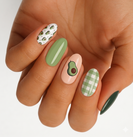 Glossy green and nude nail wraps with avocado print, gingham, and solid accents