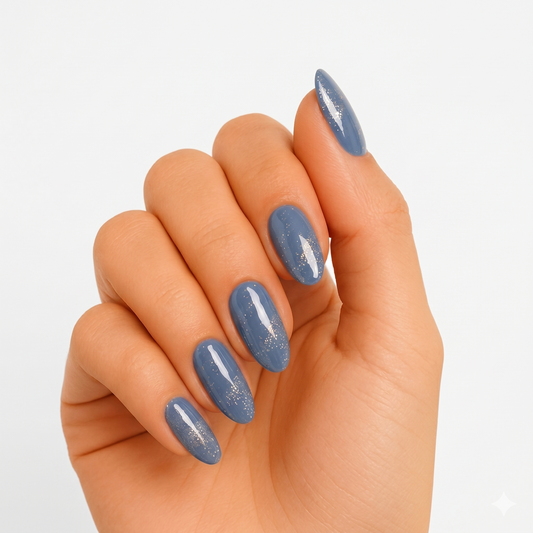 Slate blue semi-cured gel nail wraps with glossy finish and gold glitter accents, almond shape
