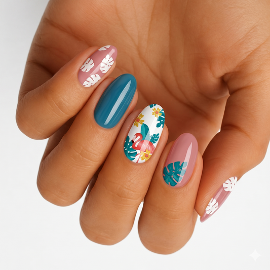 Glossy nail wraps in teal and dusty pink with tropical leaf, floral and flamingo designs.