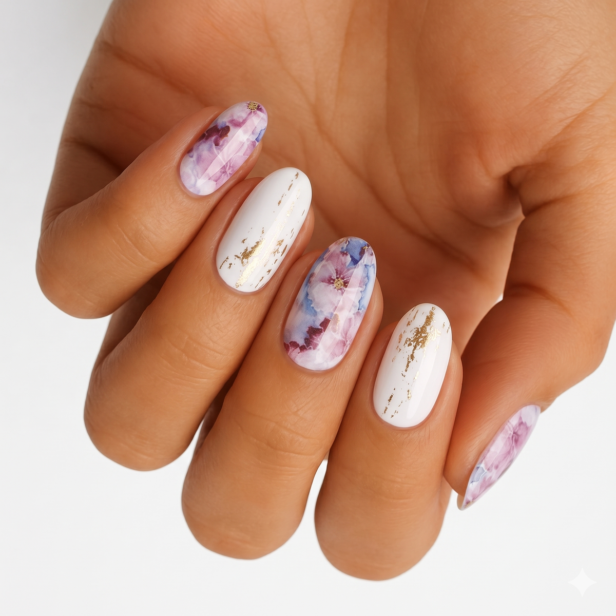 Holy Classics nail wraps, white with purple-blue watercolour floral and gold foil accents