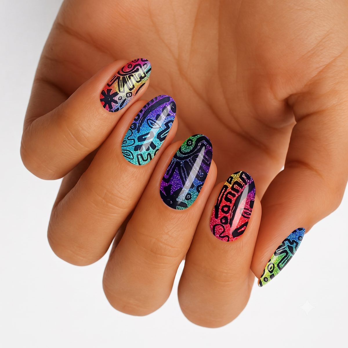 Rainbow glitter nail wraps with black graffiti doodle art and "Roam" text design