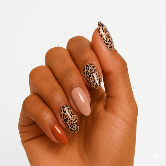 Glossy semi-cured gel nails mixing leopard print with nude and terracotta solid shades.