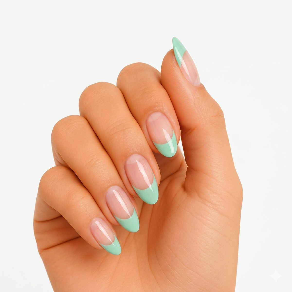 Glossy mint green French tip semi-cured gel nail wraps on almond-shaped nails