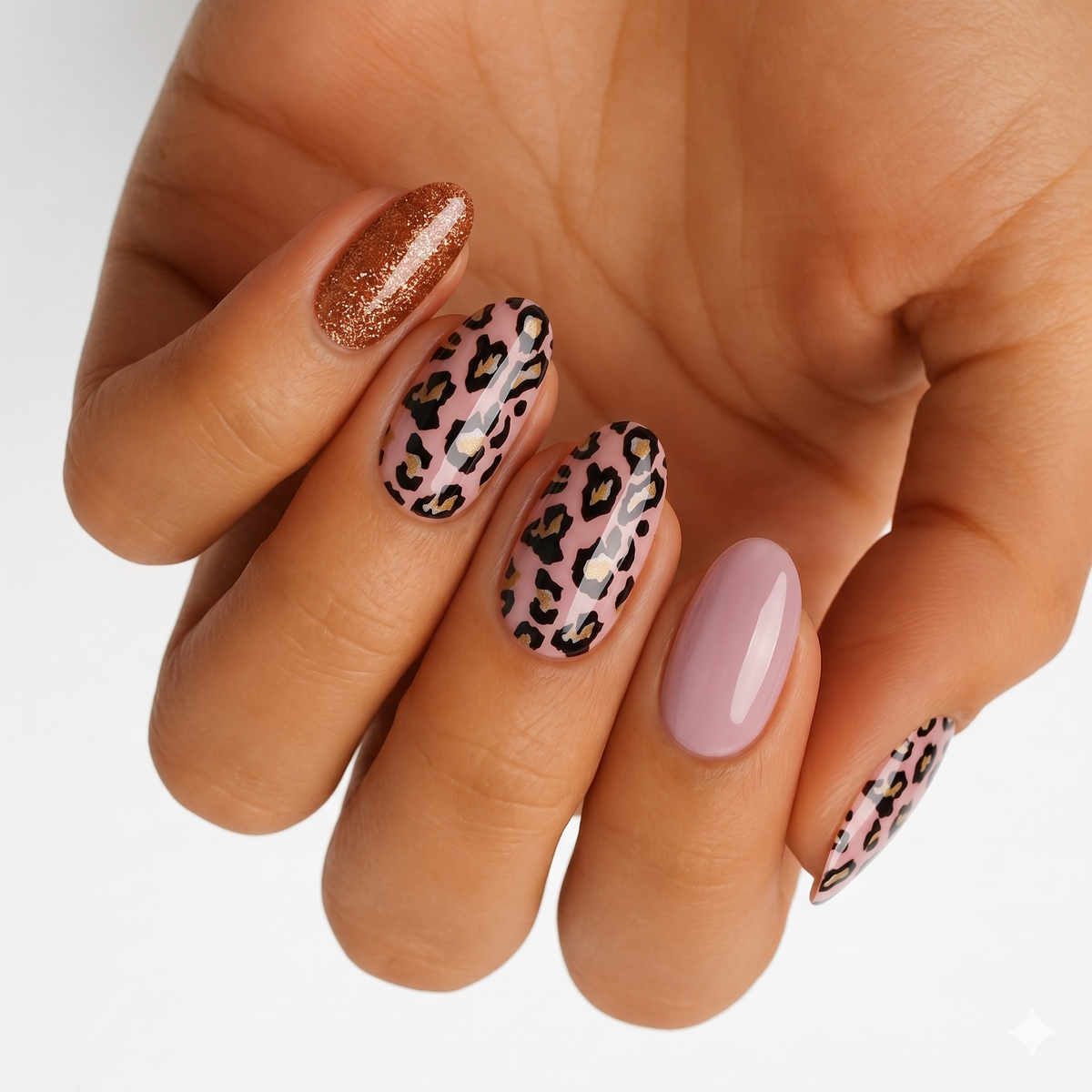 Nail wraps with pink leopard print, solid mauve accent, and copper glitter finish.