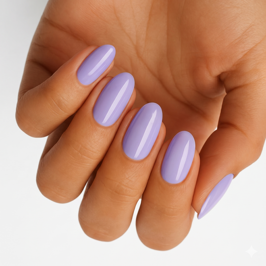 Glossy lavender nail wraps in a solid pastel purple, almond-shaped, wide fit