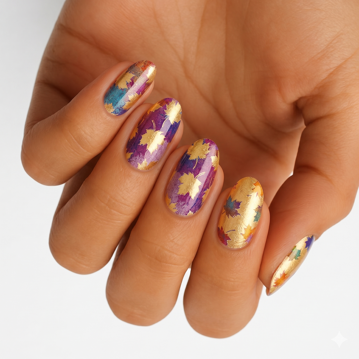 Holy Classics non-UV nail wraps, purple and gold ombré with metallic maple leaf design