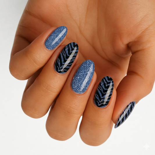 Blue glitter nail wraps with black chevron stripe accent nails