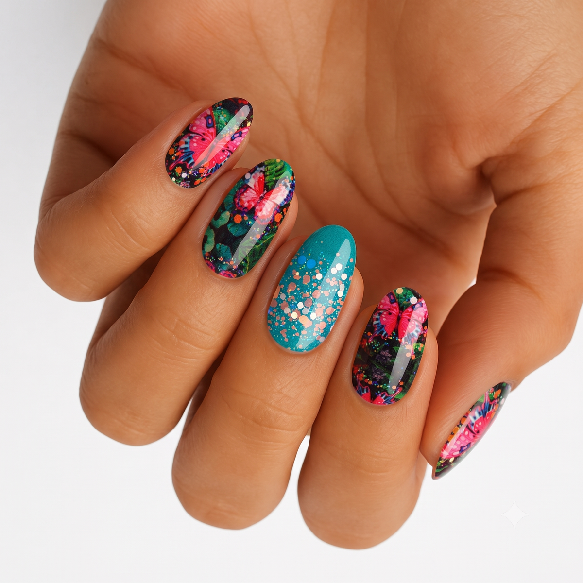 Nail wraps with pink butterfly floral print and teal glitter accent nail