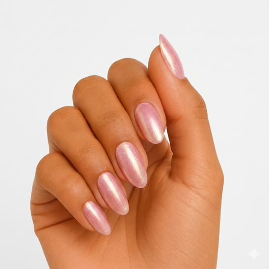 Pink shimmer semi-cured gel nail wraps with pearlescent metallic finish, almond shape