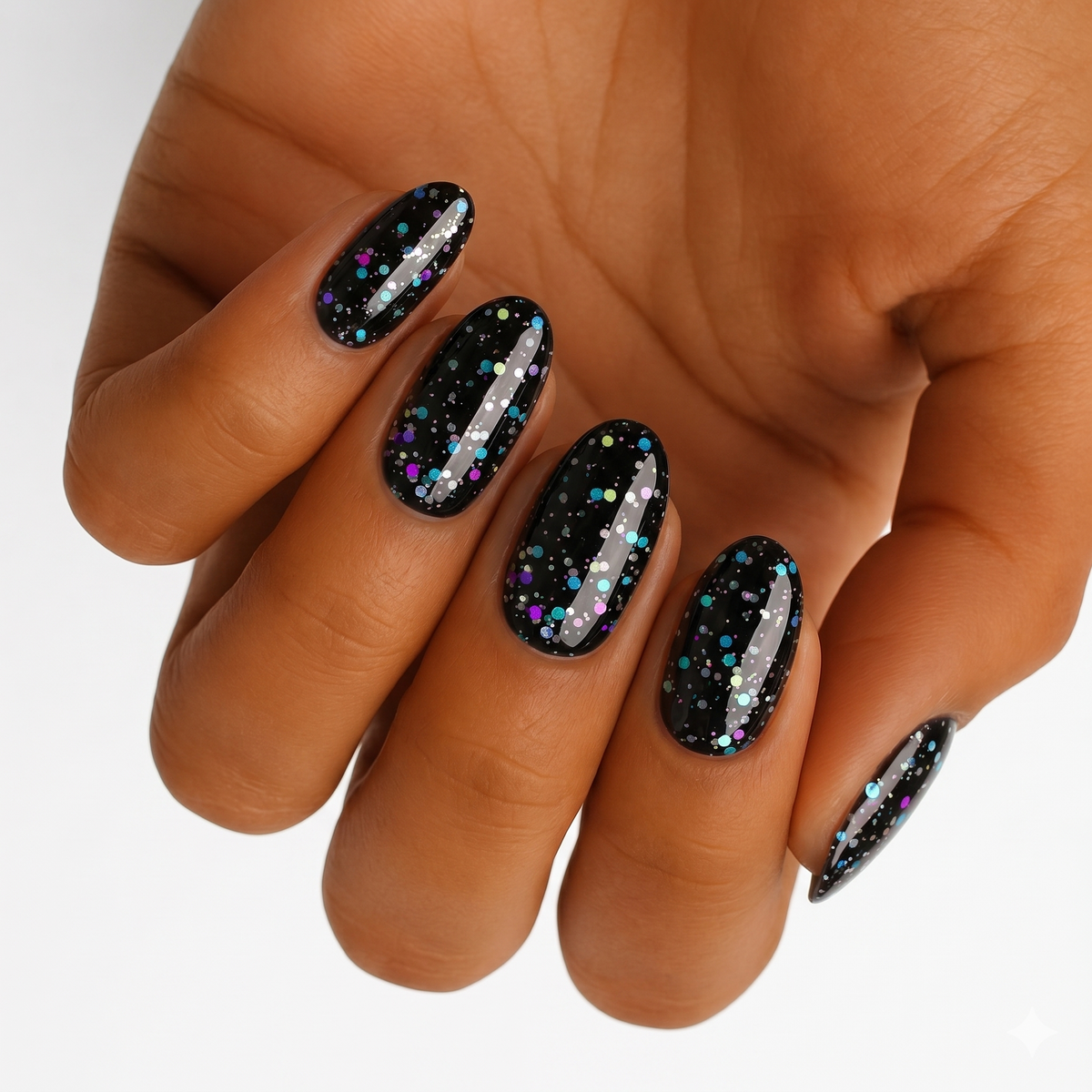 Black nail wraps with multicoloured confetti glitter in purple, blue and silver tones