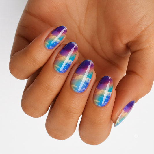 Non-UV nail wraps with sunset sky design, cloud motif in purple, blue and gold ombré