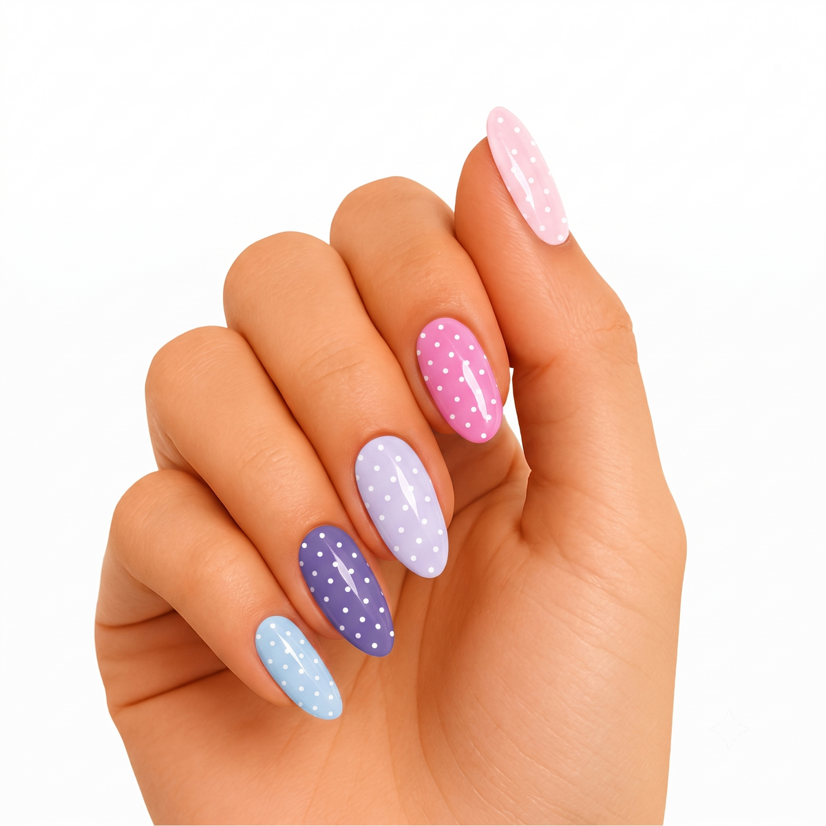 Multicolour pastel semi-cured gel wraps with white polka dot pattern on almond nails