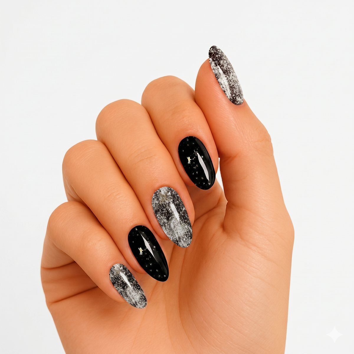 Black and silver glitter galaxy semi-cured gel nail wraps with shooting star accents