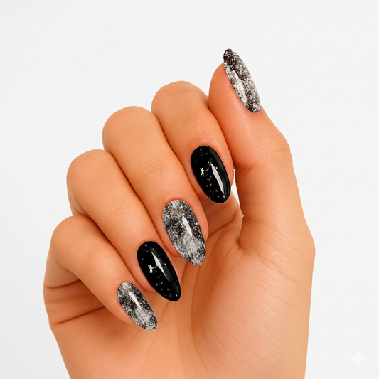 Black and silver glitter galaxy semi-cured gel nail wraps with shooting star accents