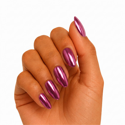 Fuchsia chrome mirror-finish semi-cured gel wraps on almond-shaped nails