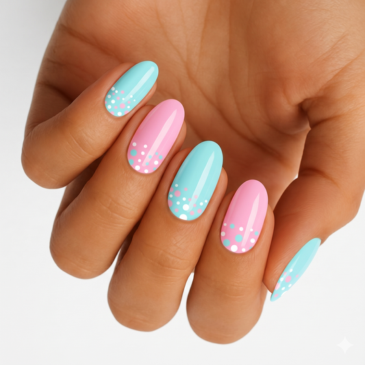 Glossy mint and pink nail wraps with scattered white and pastel polka dots