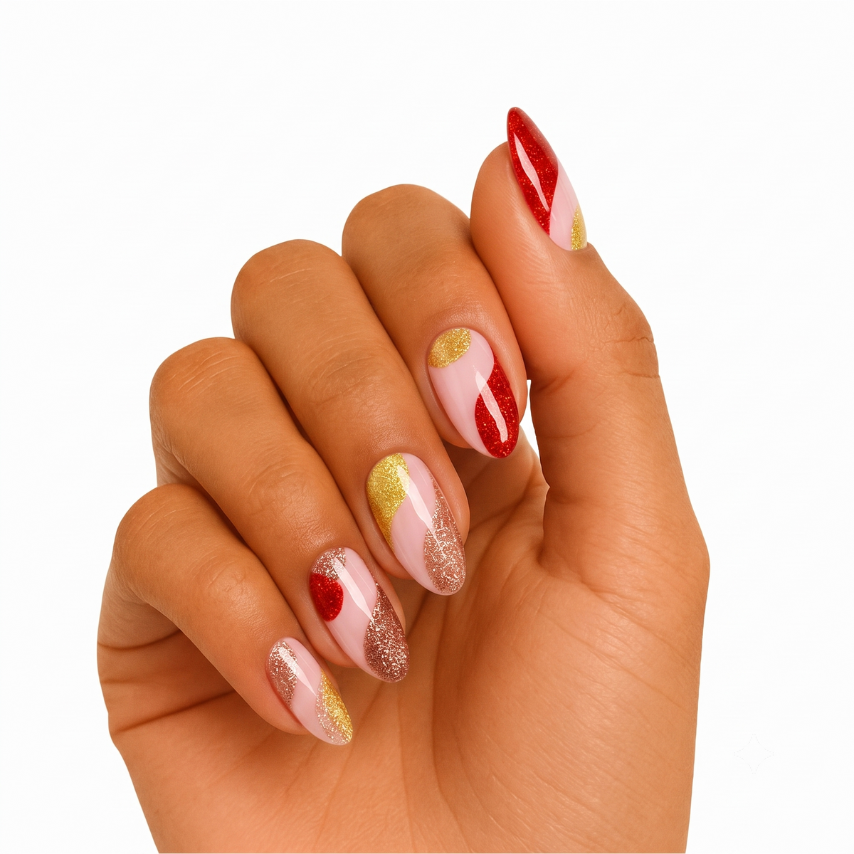 Nail wraps in glossy nude with red and gold glitter abstract swirl accents
