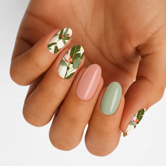 Glossy nail wraps with tropical palm leaf print, solid pink and sage green accents