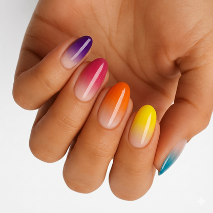Holy Classics nail wraps with rainbow ombré tips fading to sheer at the cuticle, glossy finish