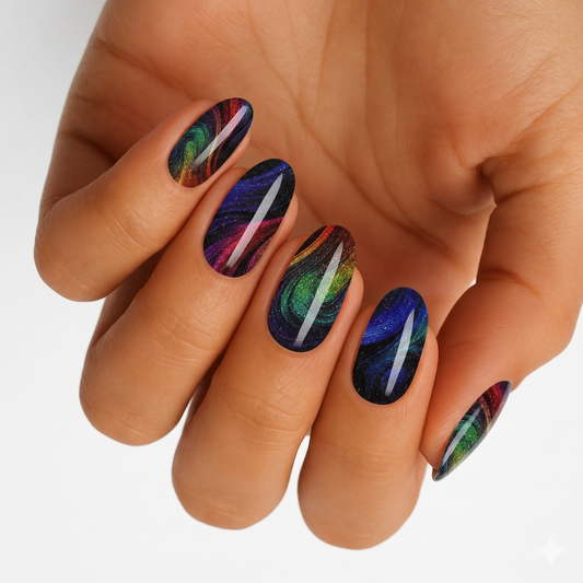 Dark Desire Holy Classics nail wraps: black base with iridescent swirl and streak design