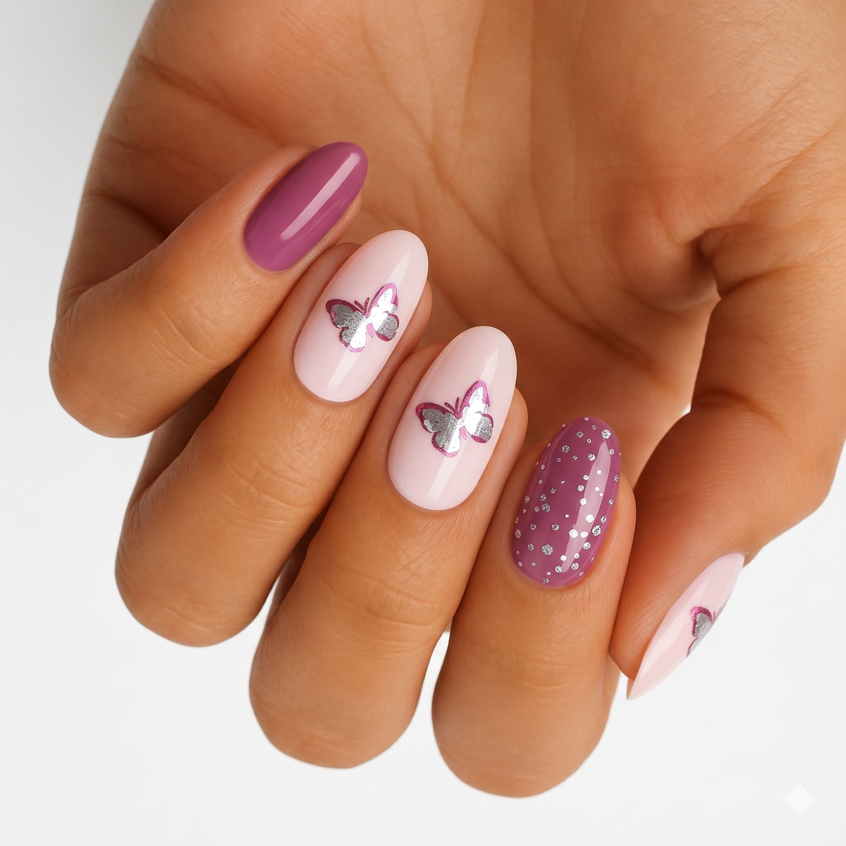 Mauve and pale pink glossy nail wraps with silver butterflies and glitter accent