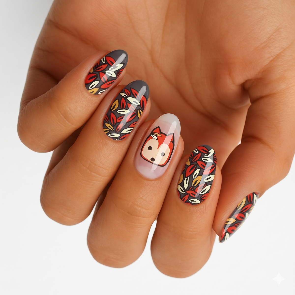 Grey nail wraps with red and cream leaf print, one accent nail featuring a fox face.
