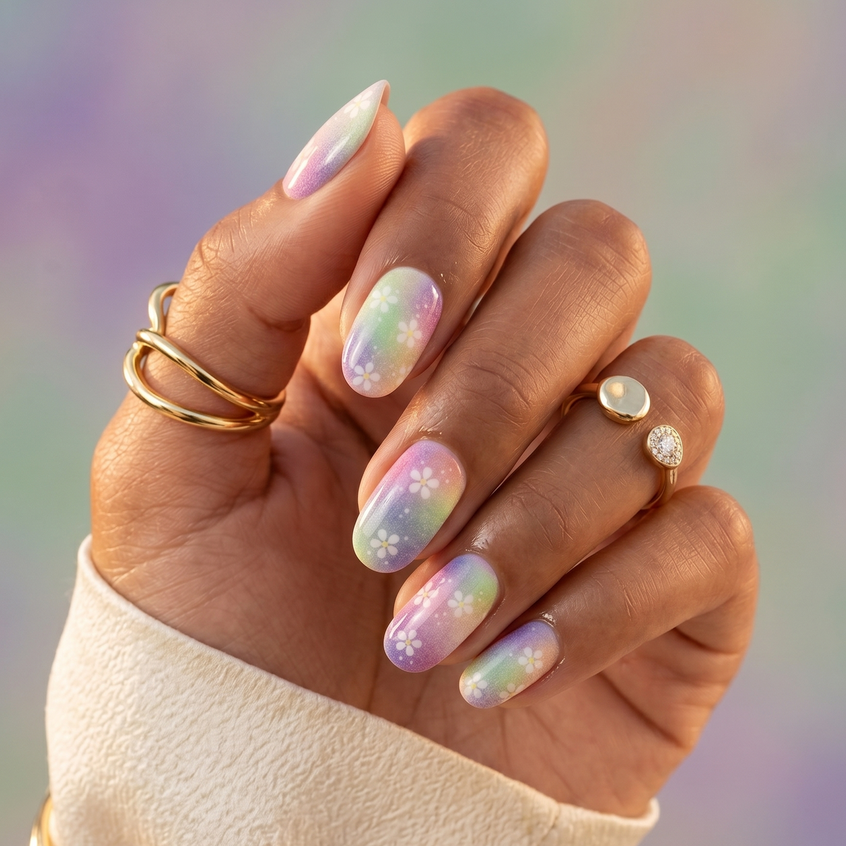 Bloom Baby Bloom nail wraps: pastel rainbow ombré with white daisy flower accents